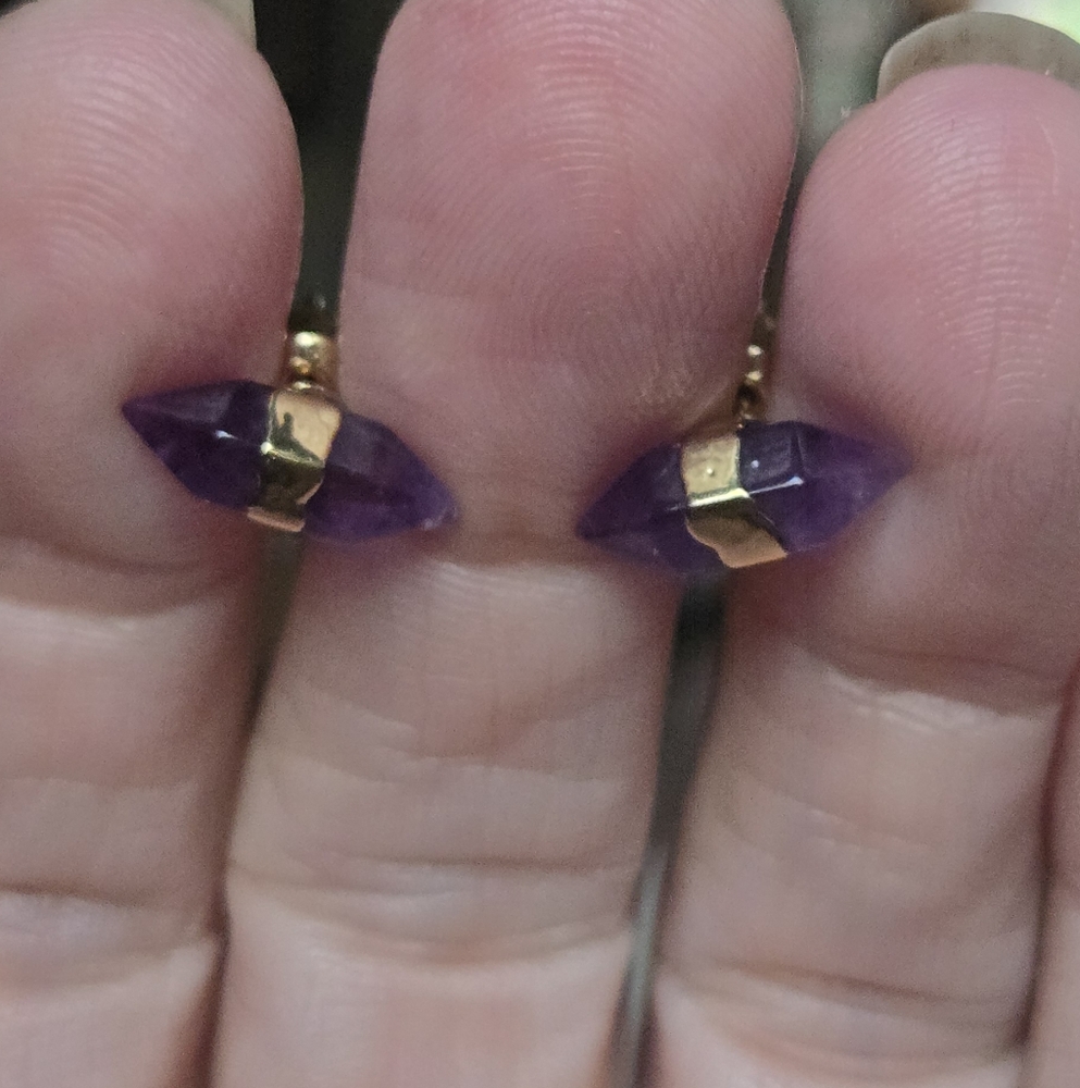 Amethyst natural crystal gemstone sterling & gold earrings - Picture 4 of 8